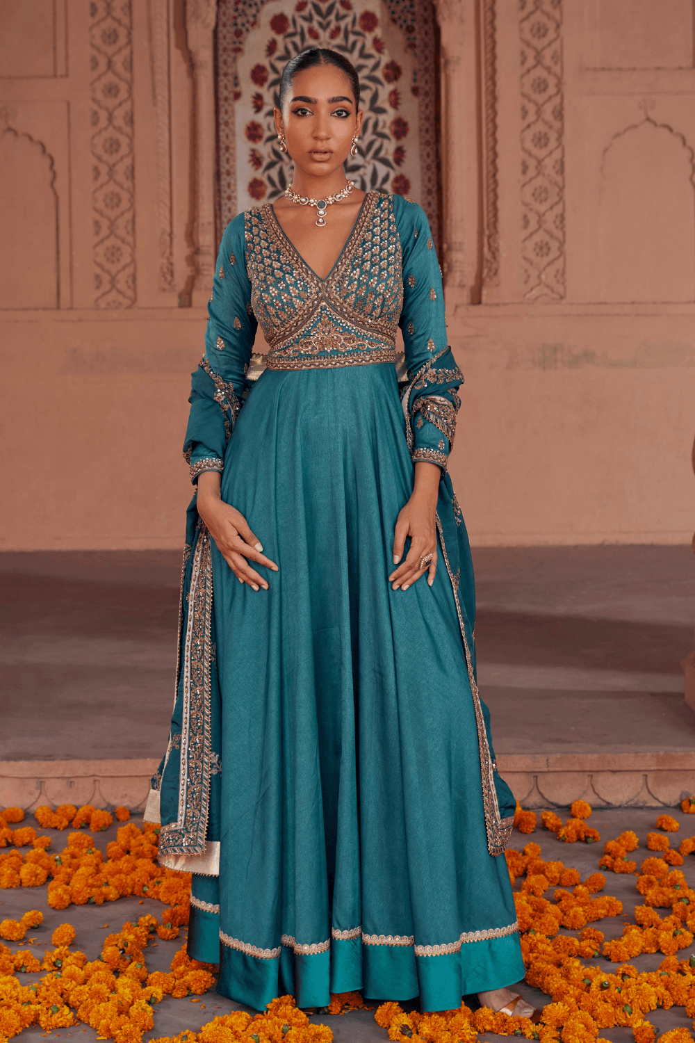 Barkha Turquoise Elegance in Fine Silk Anarkali With Zari Work