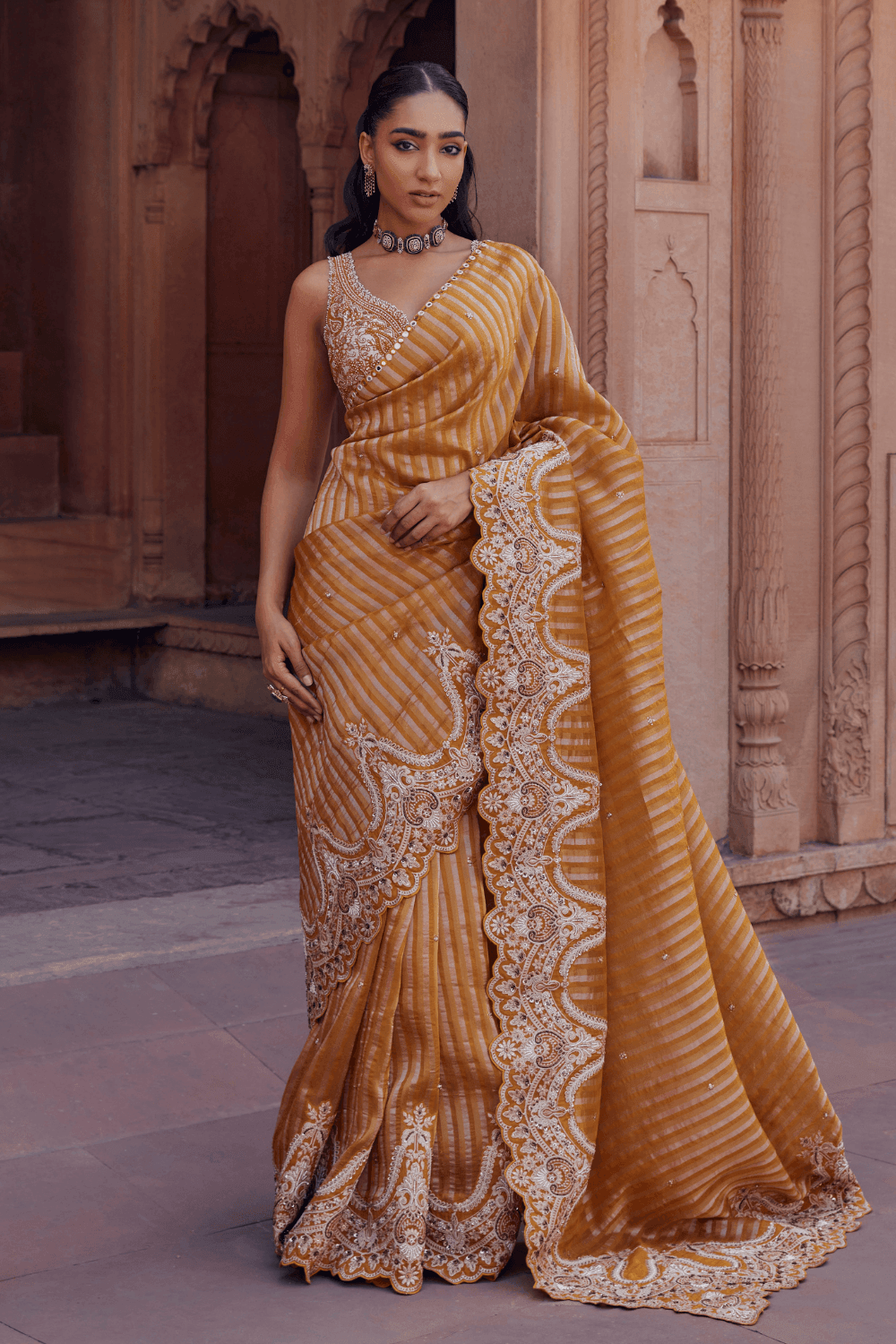 Radha Mustard Saree With Handcrafted Dori Border