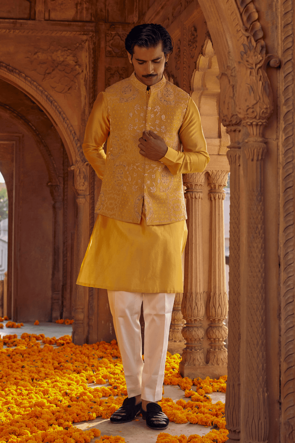 Yellow kurta discount with nehru jacket