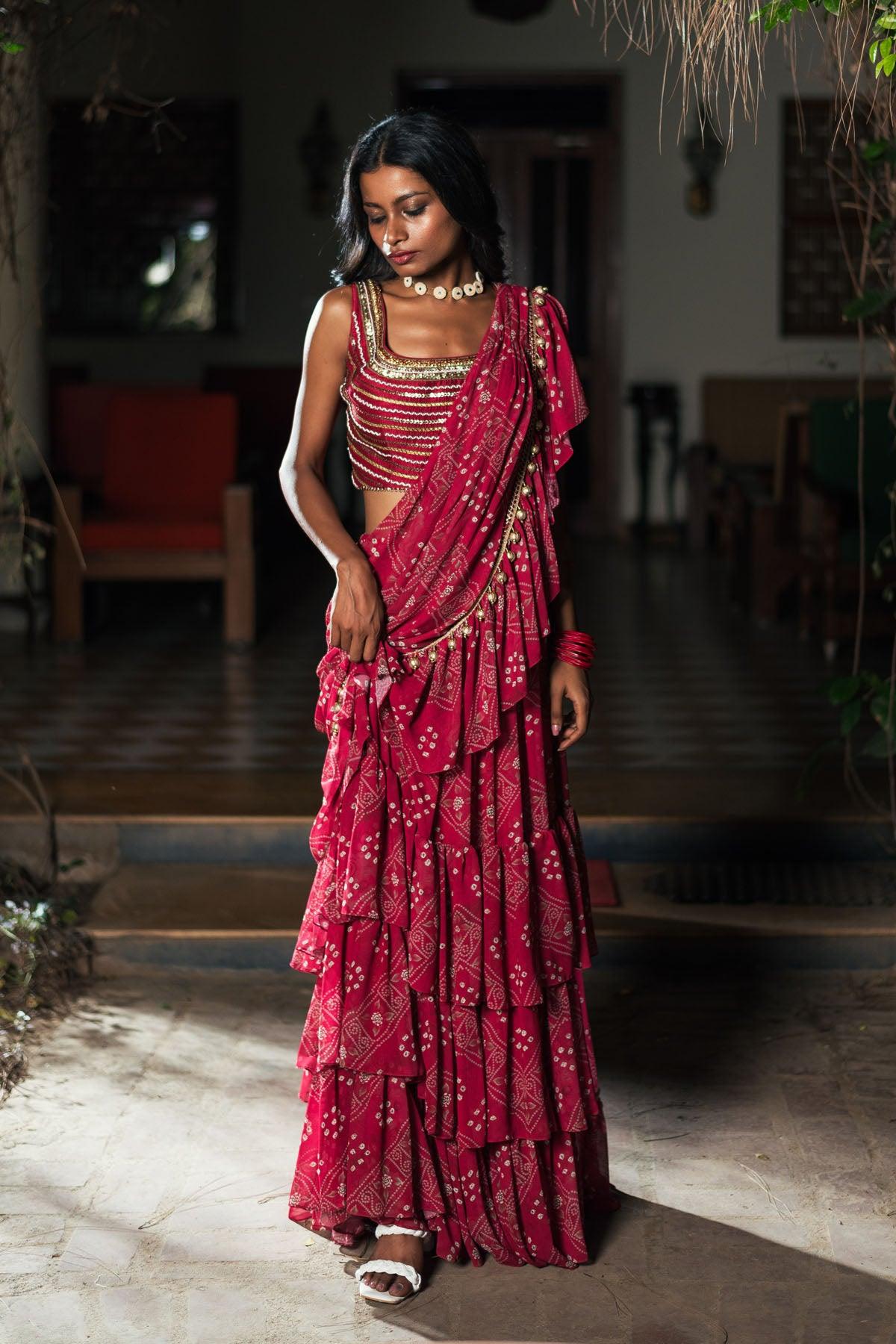Rusty Red Ruffle Embroidered Georgette Drape Saree