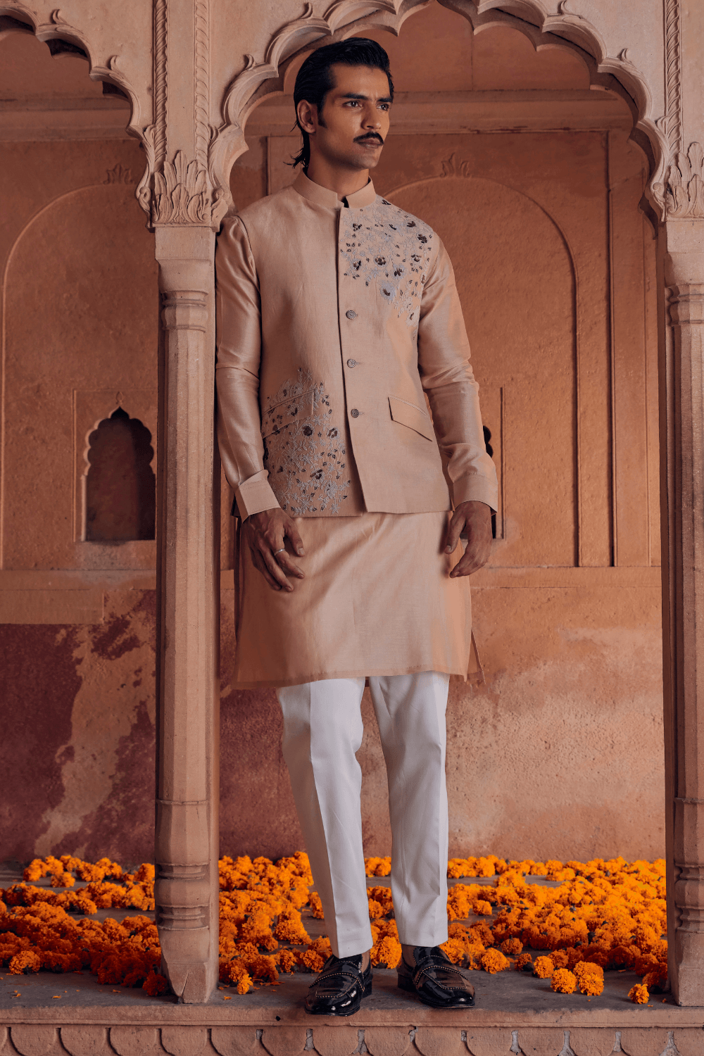 Ashar Light Peach Chanderi Nehru Jacket - Studio Bagechaa