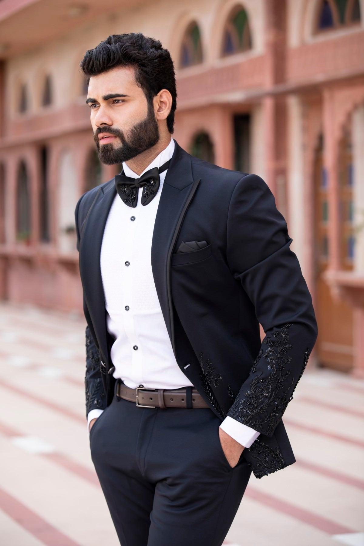 Classic Black Tuxedo With Sequins Hand Embroidery