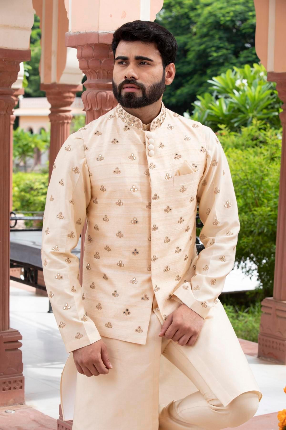 Solid Color Cotton Silk Nehru Jacket in Cream : MZJ16