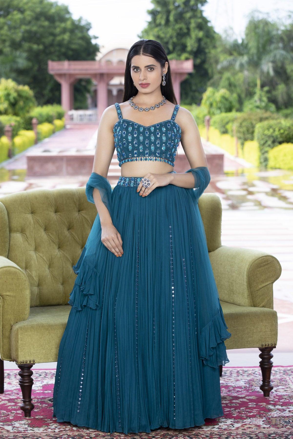 Deep Marine 3 Piece Georgette Lehenga Set - Studio Bagechaa