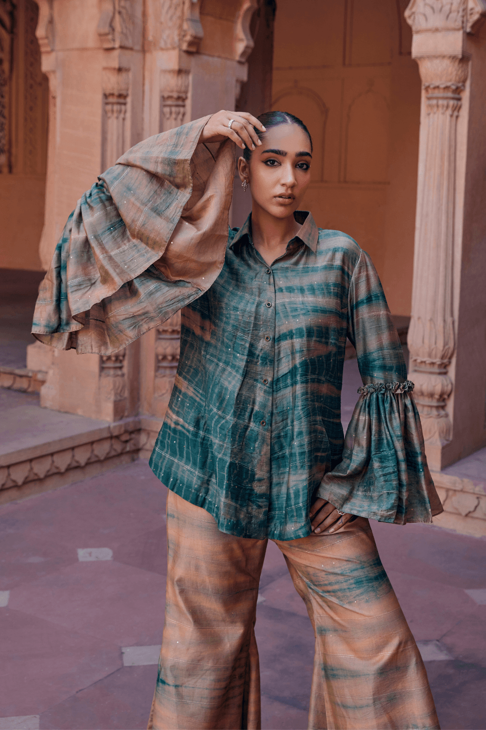 Farida Bell-Sleeved Chanderi Silk Co-ord Set - Studio Bagechaa