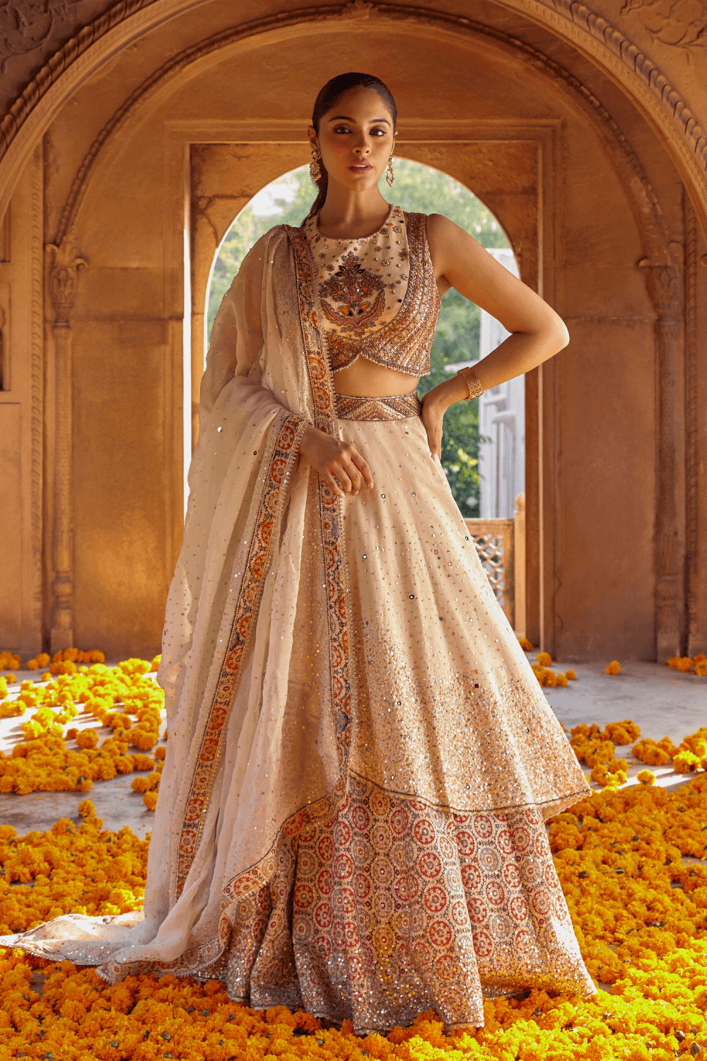 Garima Printed Silk Lehenga With Carved Waist Belt - Studio Bagechaa