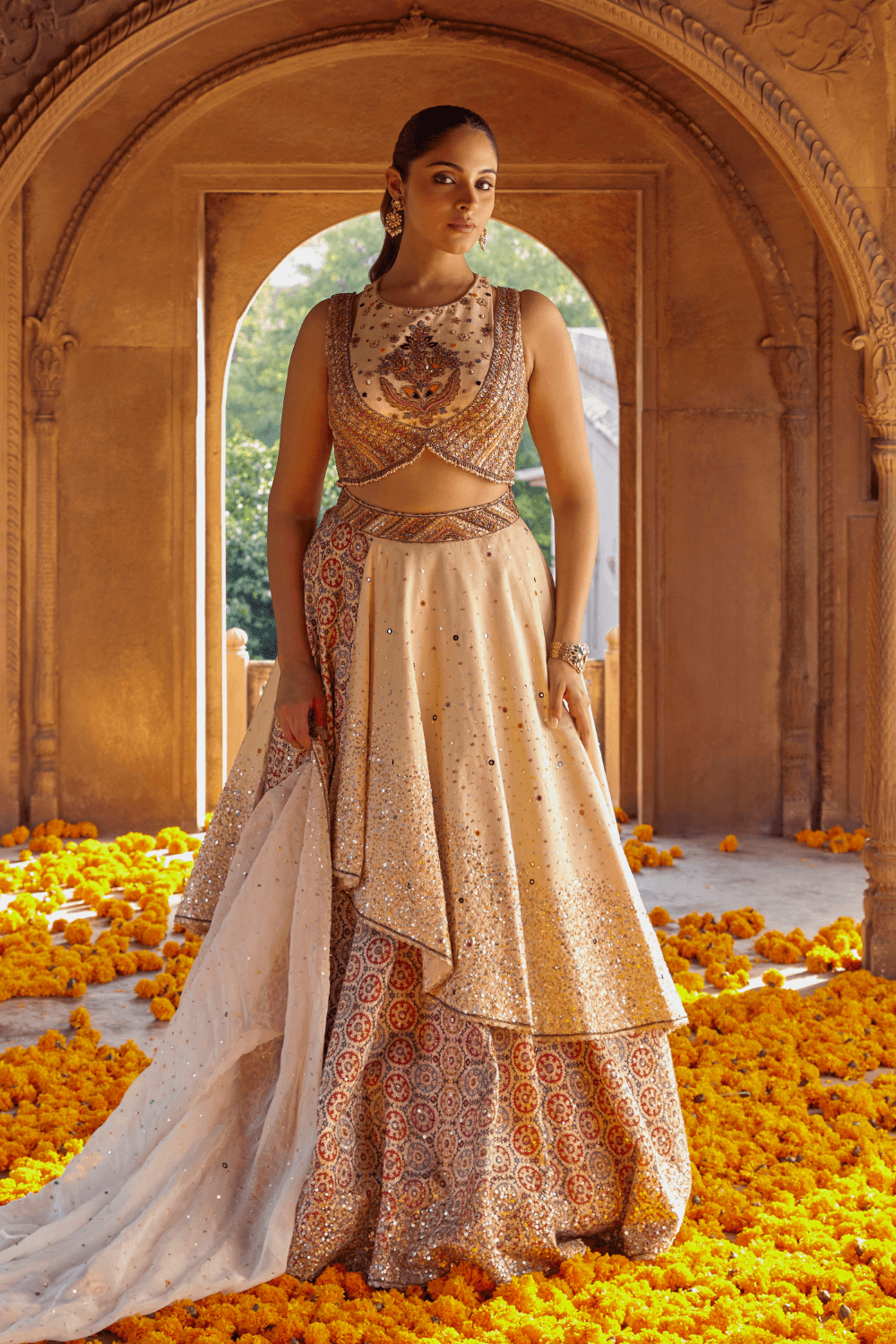Powder Peach Designer Bridal Lehenga With Intricately Embellished Full  Sleeved Choli in Mirror-Sequins And Draped Dupatta, Ornated Waistbelt -  Aara Couture