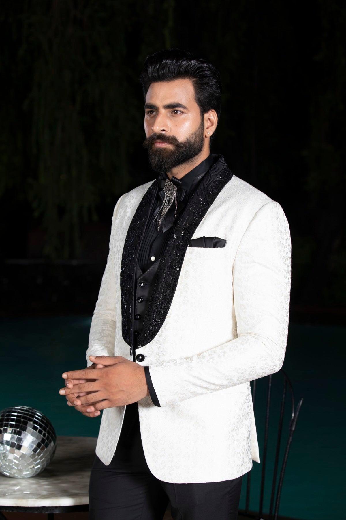 Jacquard Tuxedo Suit With Hand Embroidery - Studio Bagechaa