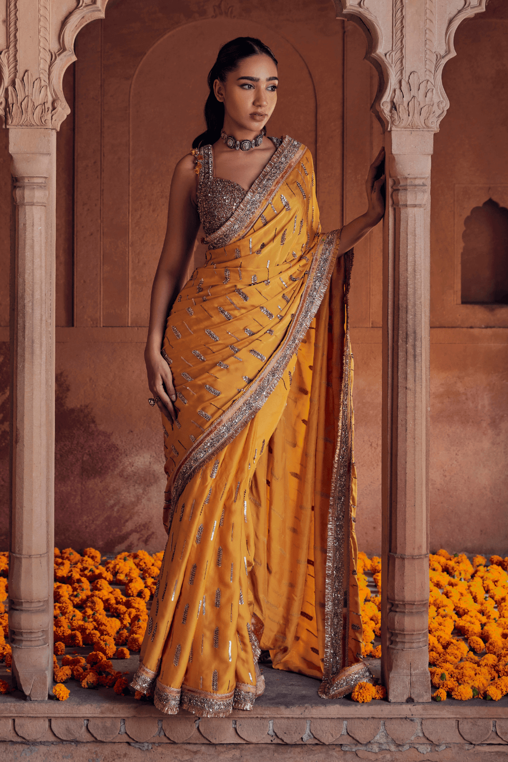 Lalita Silk Linen Satin Saree With Detailed Embroidery - Studio Bagechaa