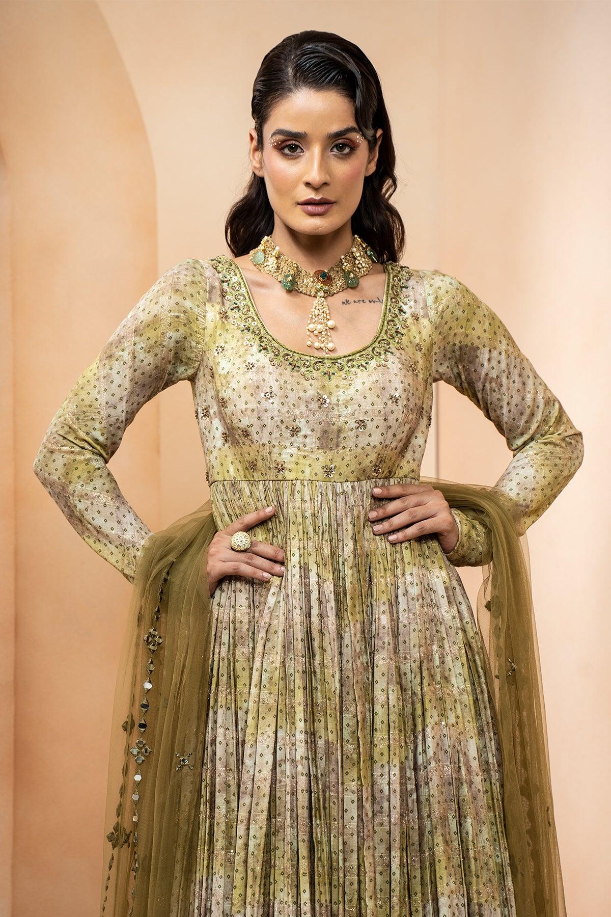 Mumtaaz Green Silk Anarkali Dress - Studio Bagechaa
