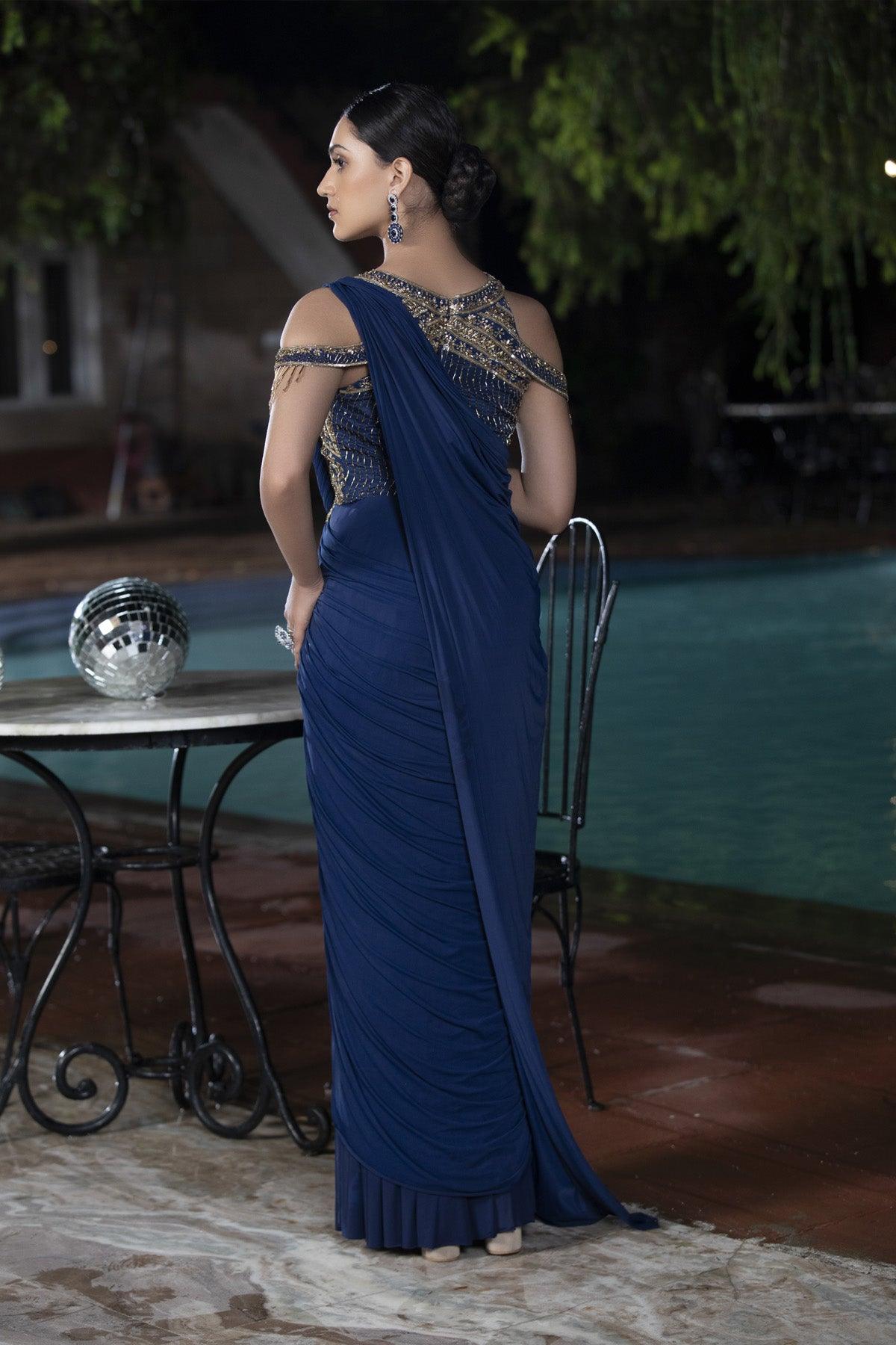 Niche Blue Drape Saree With Halter-neck Style - Studio Bagechaa