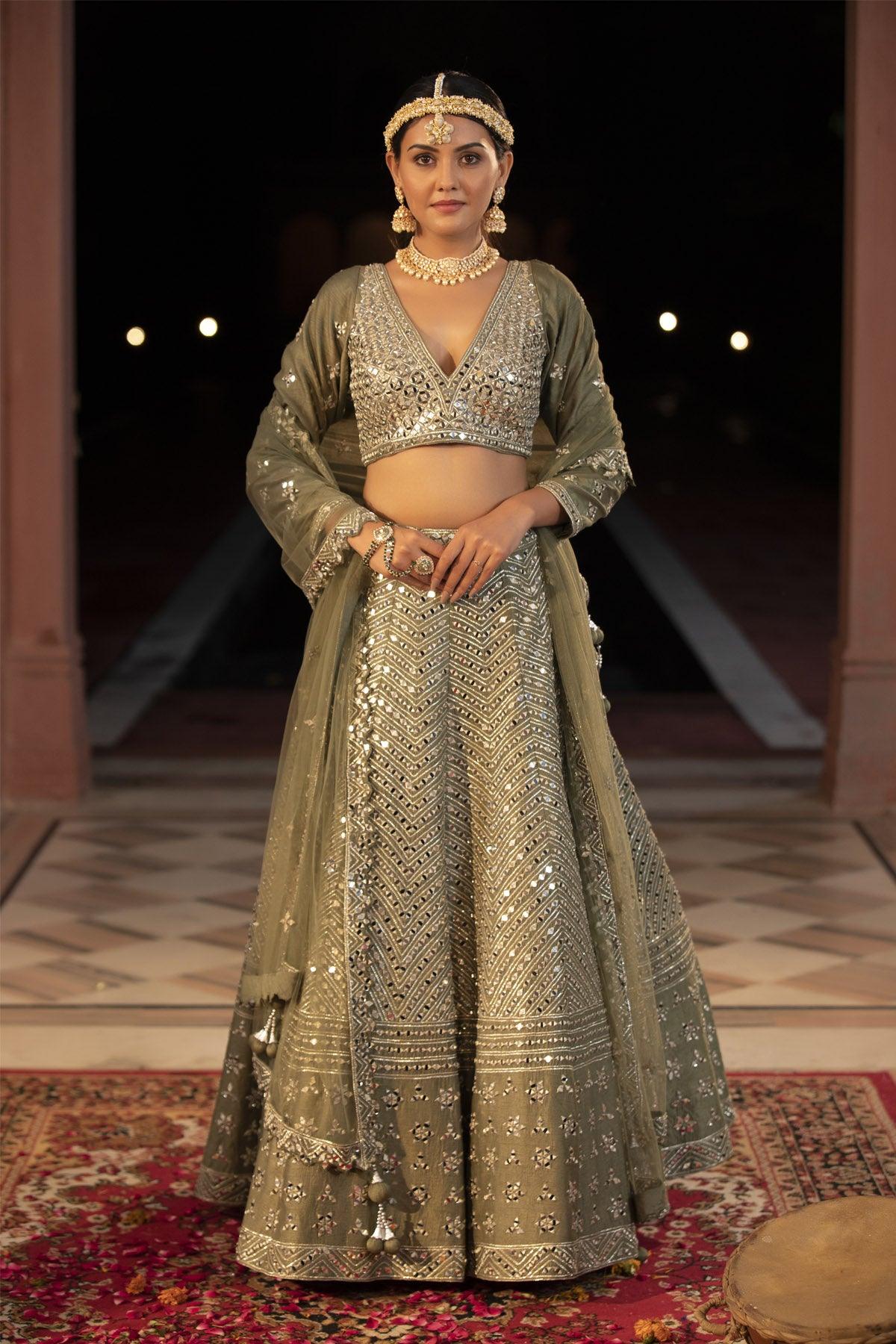 Olive 3 Piece Lehenga Set With Geometric Mirror Work - Studio Bagechaa