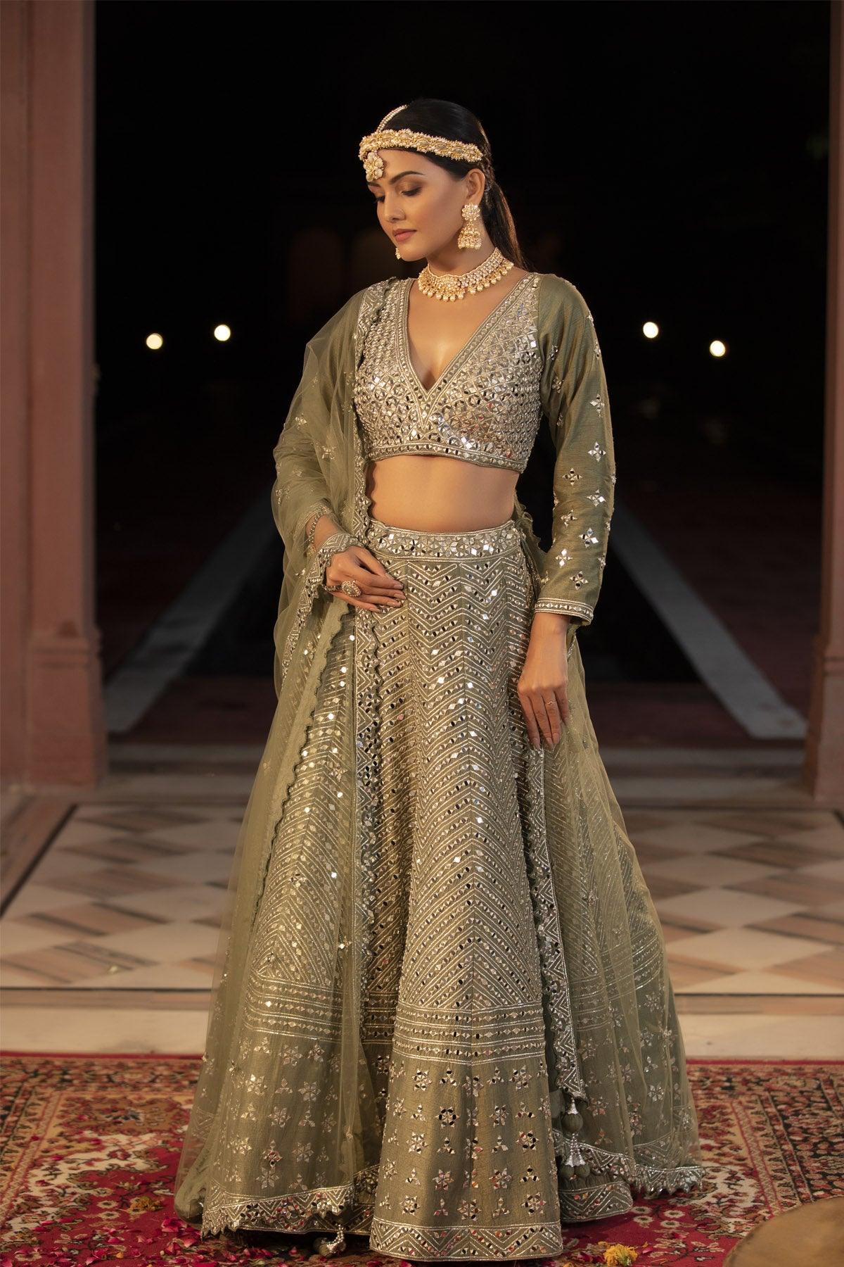 Olive 3 Piece Lehenga Set With Geometric Mirror Work - Studio Bagechaa