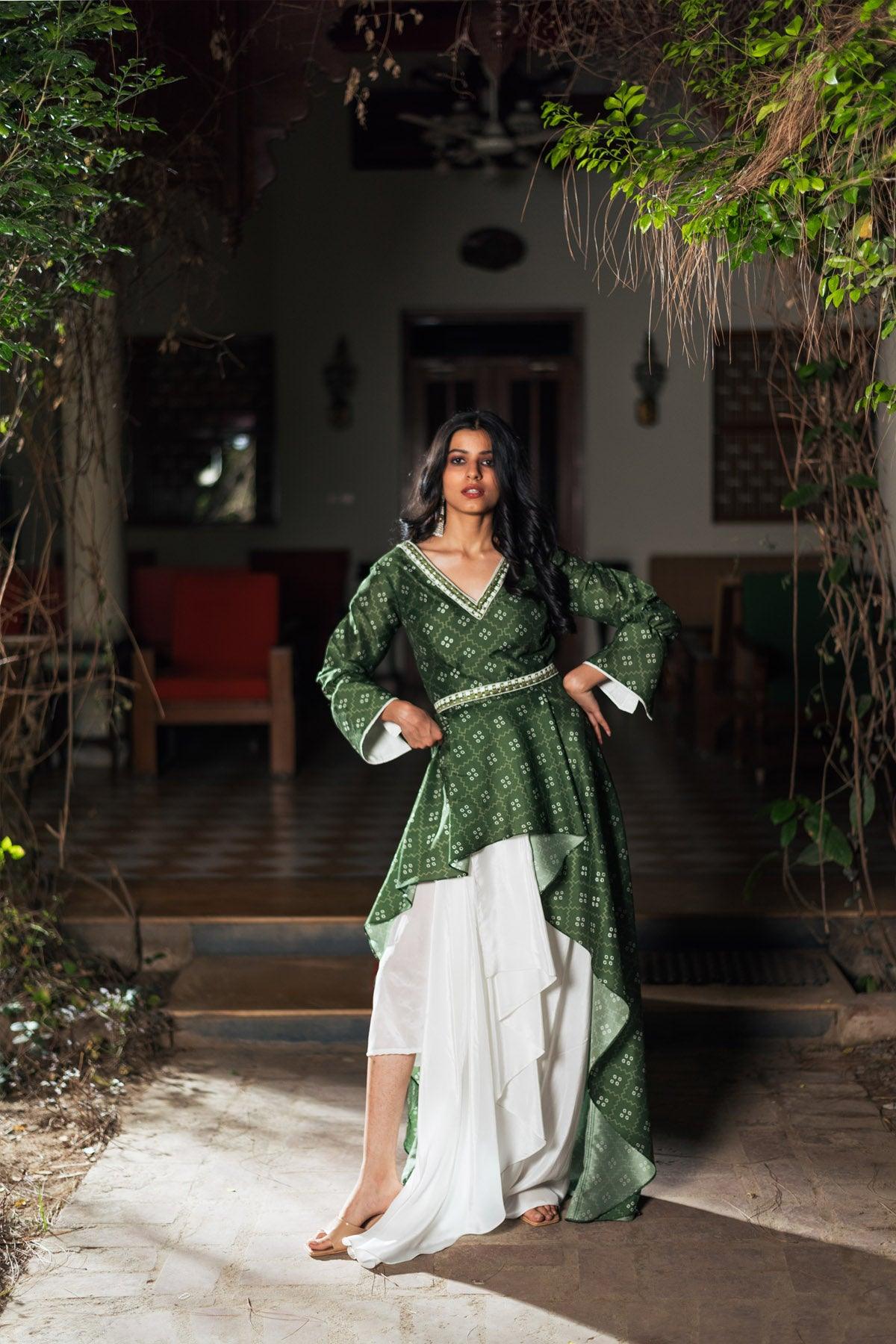 Olive Green Curtain Style Skirt & Kameez Set - Studio Bagechaa