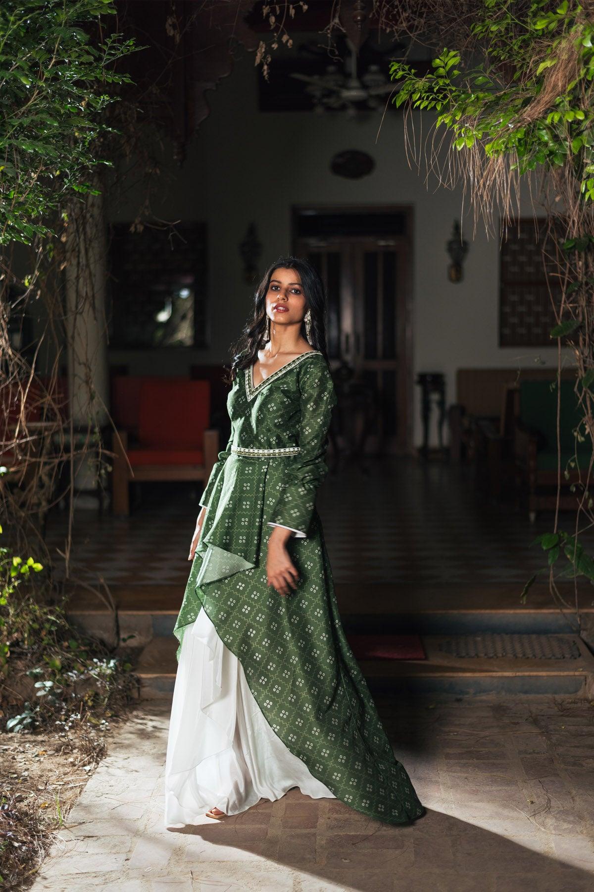 Olive Green Curtain Style Skirt & Kameez Set - Studio Bagechaa