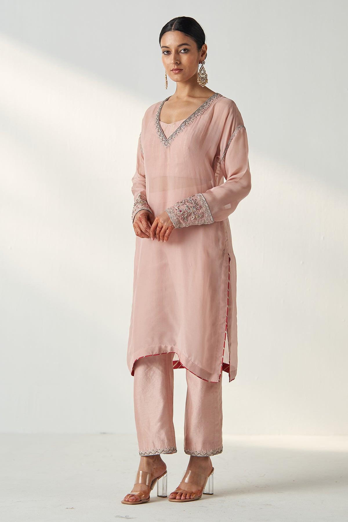 PAKHI BLUSH PINK SHEER KURTA PANT SET - Studio Bagechaa