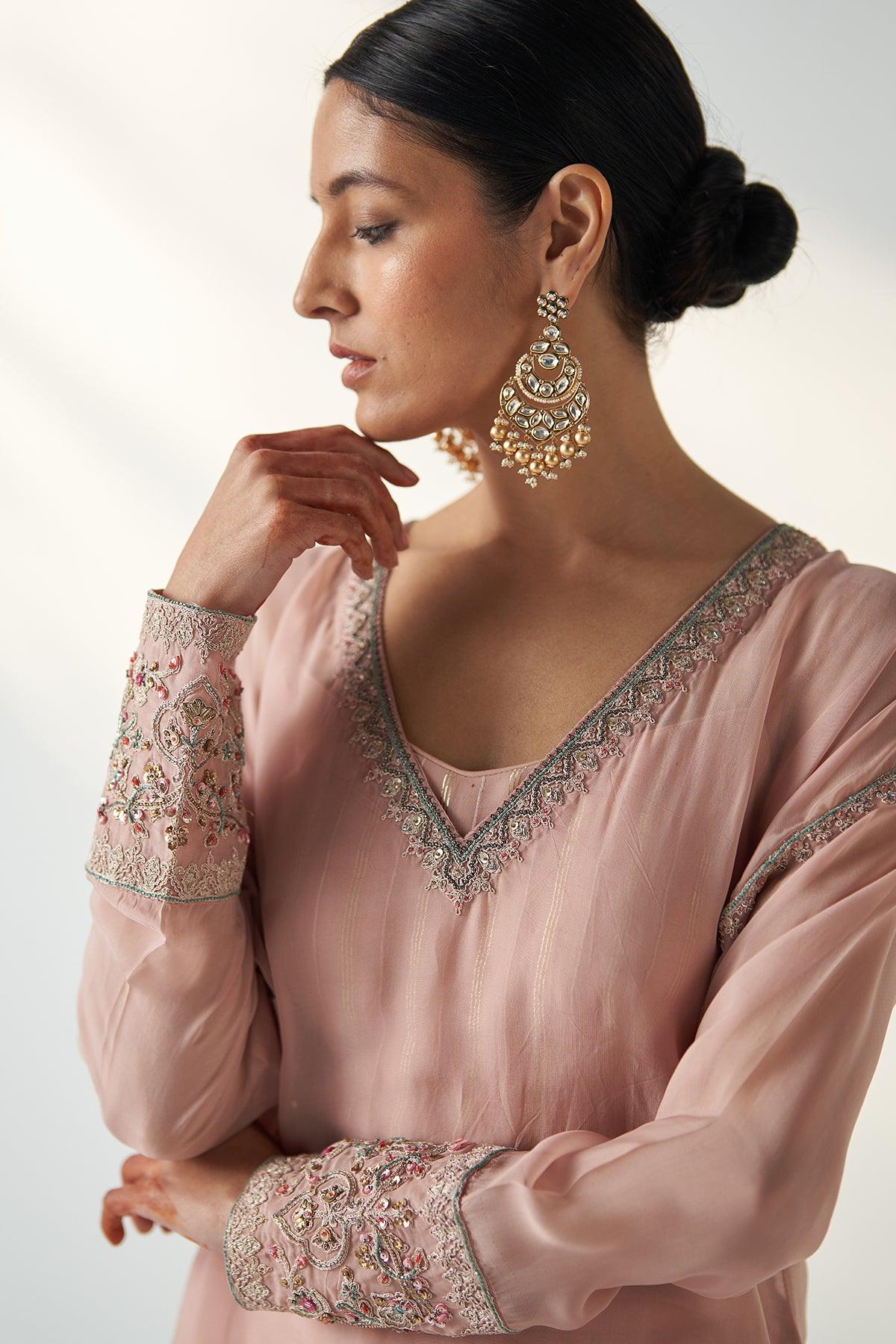 PAKHI BLUSH PINK SHEER KURTA PANT SET - Studio Bagechaa