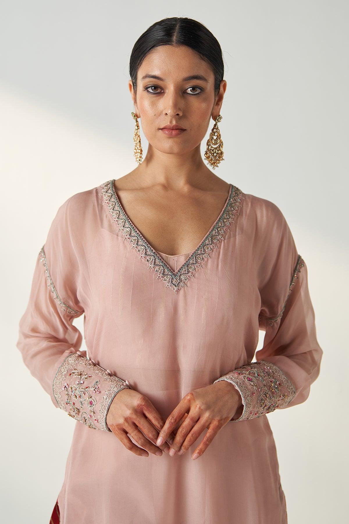 PAKHI BLUSH PINK SHEER KURTA PANT SET - Studio Bagechaa