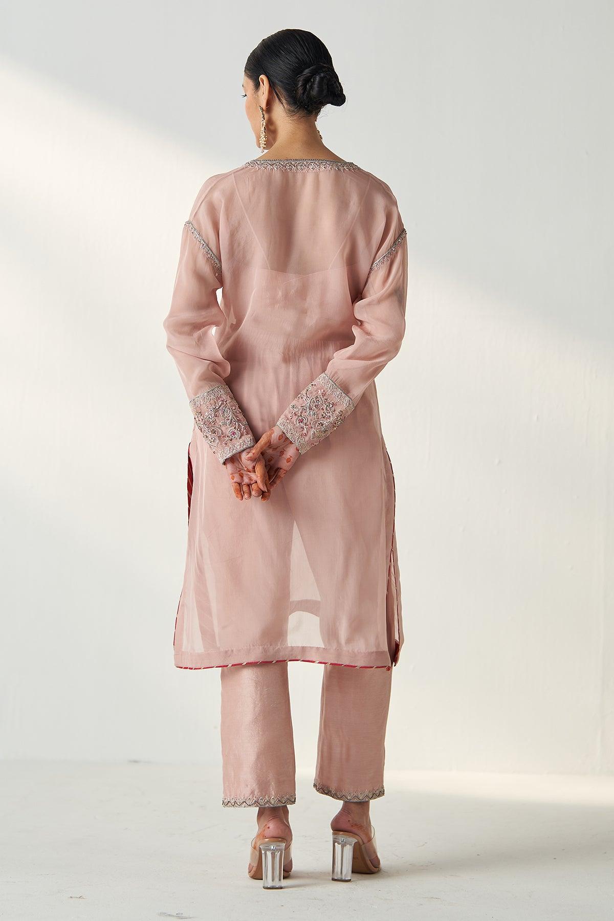 PAKHI BLUSH PINK SHEER KURTA PANT SET - Studio Bagechaa