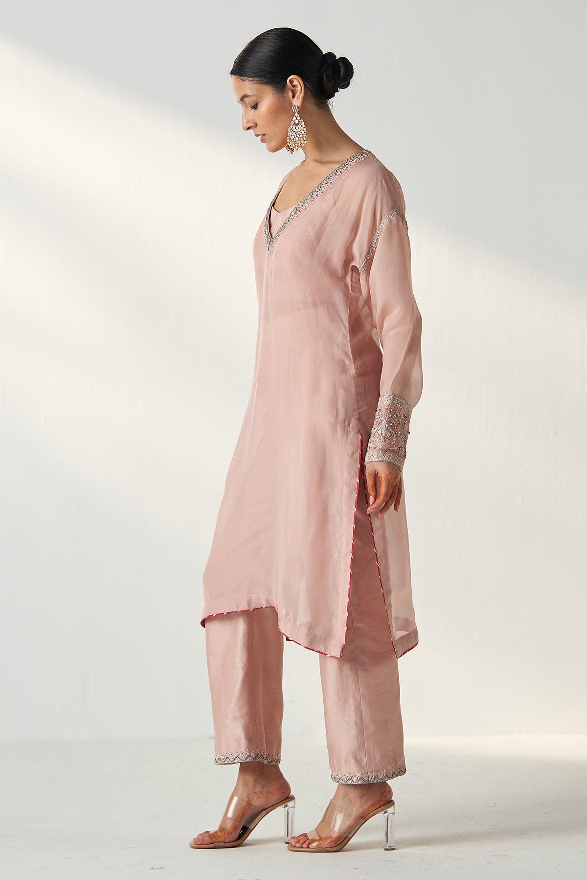 PAKHI BLUSH PINK SHEER KURTA PANT SET - Studio Bagechaa