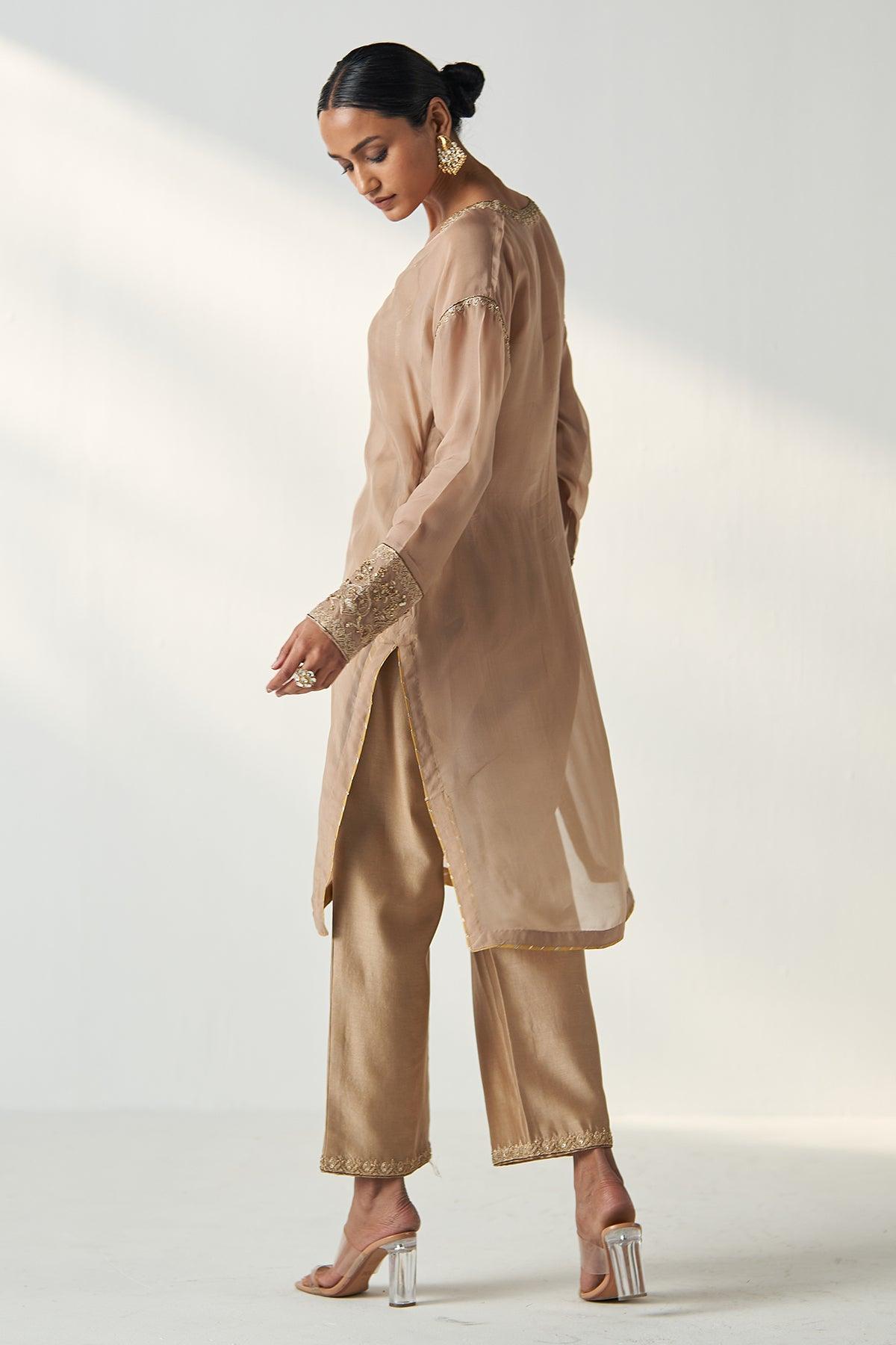 PAKHI FAWN SHEER KURTA PANT SET - Studio Bagechaa