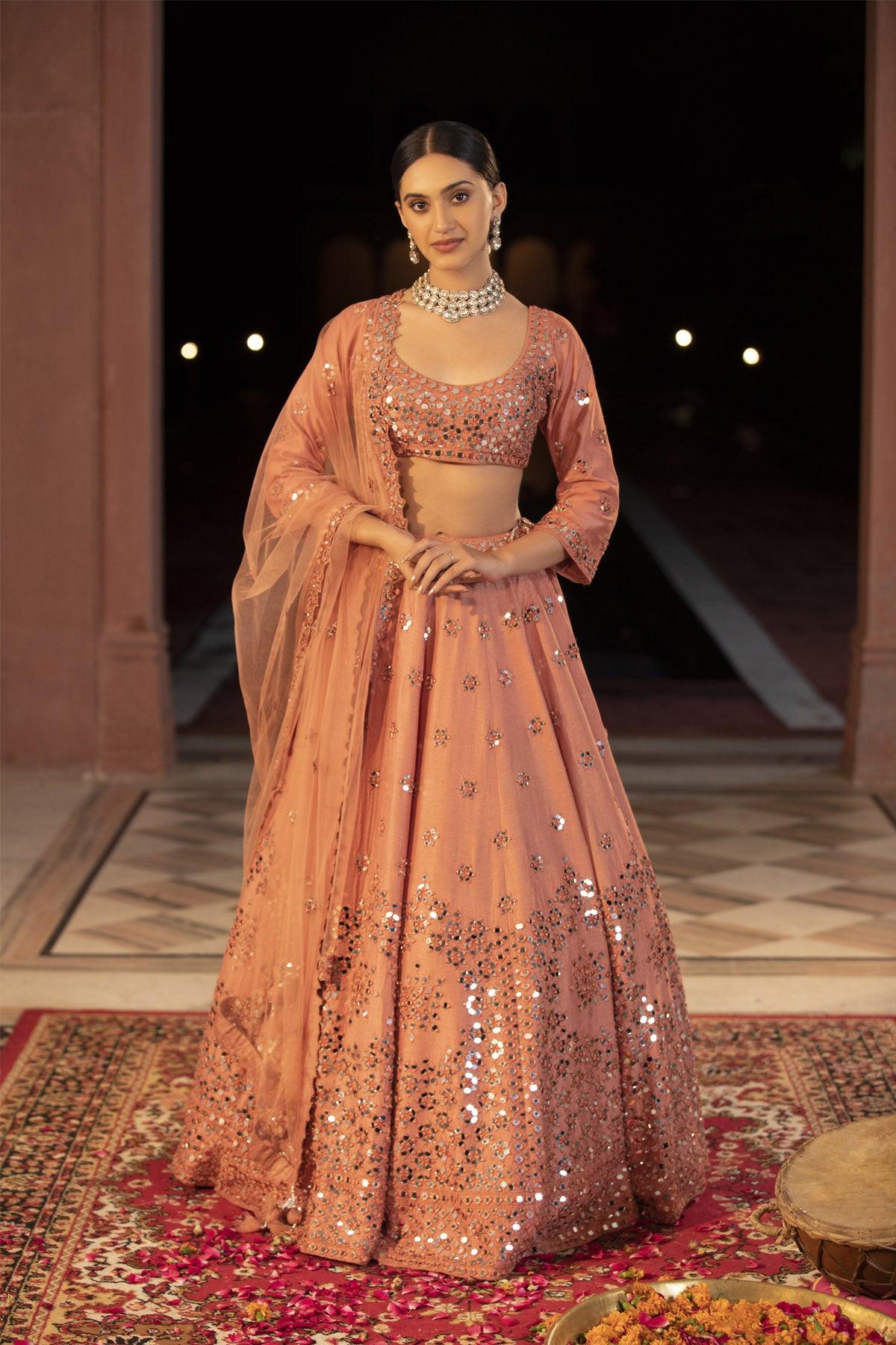 Peach Punch Italian Silk 3 Piece Lehenga Choli Set - Studio Bagechaa