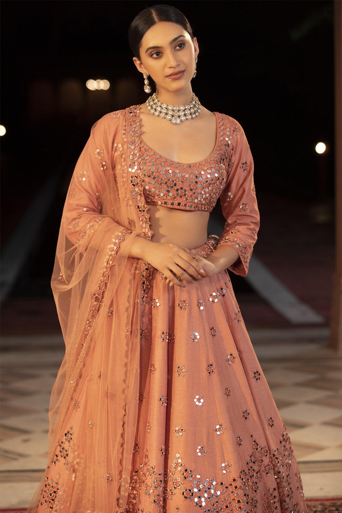 Peach Punch Italian Silk 3 Piece Lehenga Choli Set - Studio Bagechaa