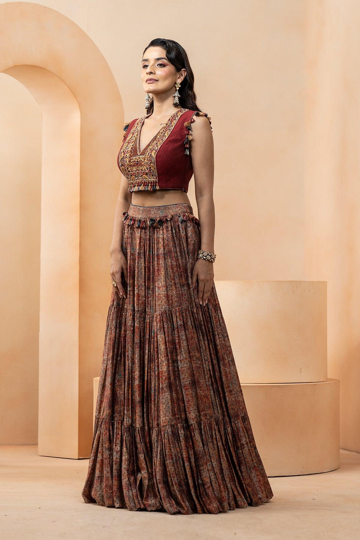 Rehmat Chanderi Silk Tiered Lehenga - Studio Bagechaa