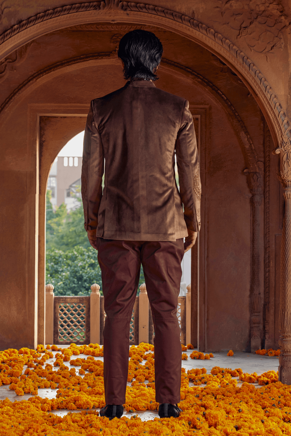 Roshan Brown Chanderi Tuxedo - Studio Bagechaa