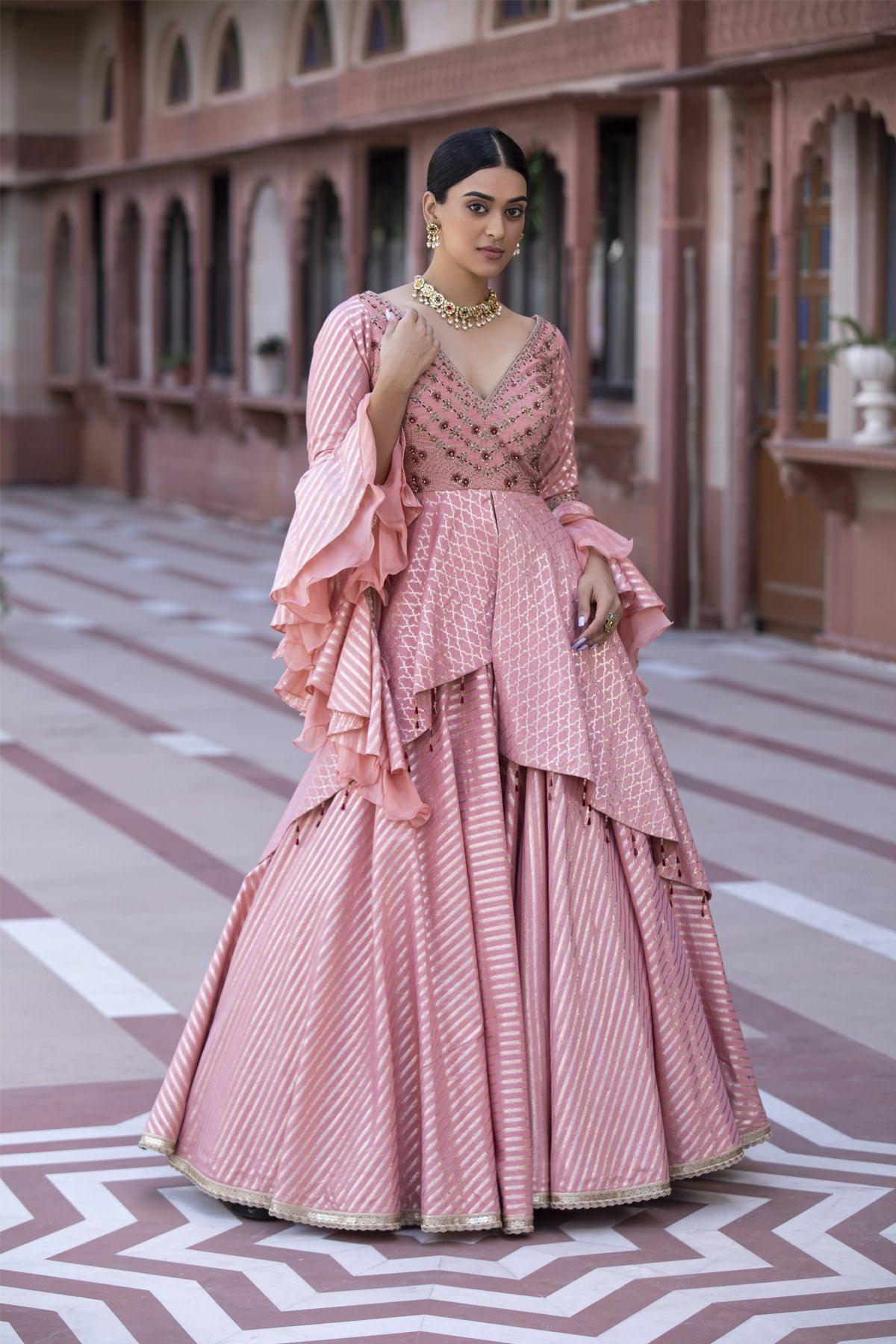 Rusty Orange 3 Piece Banarasi Chanderi Lehenga Set - Studio Bagechaa