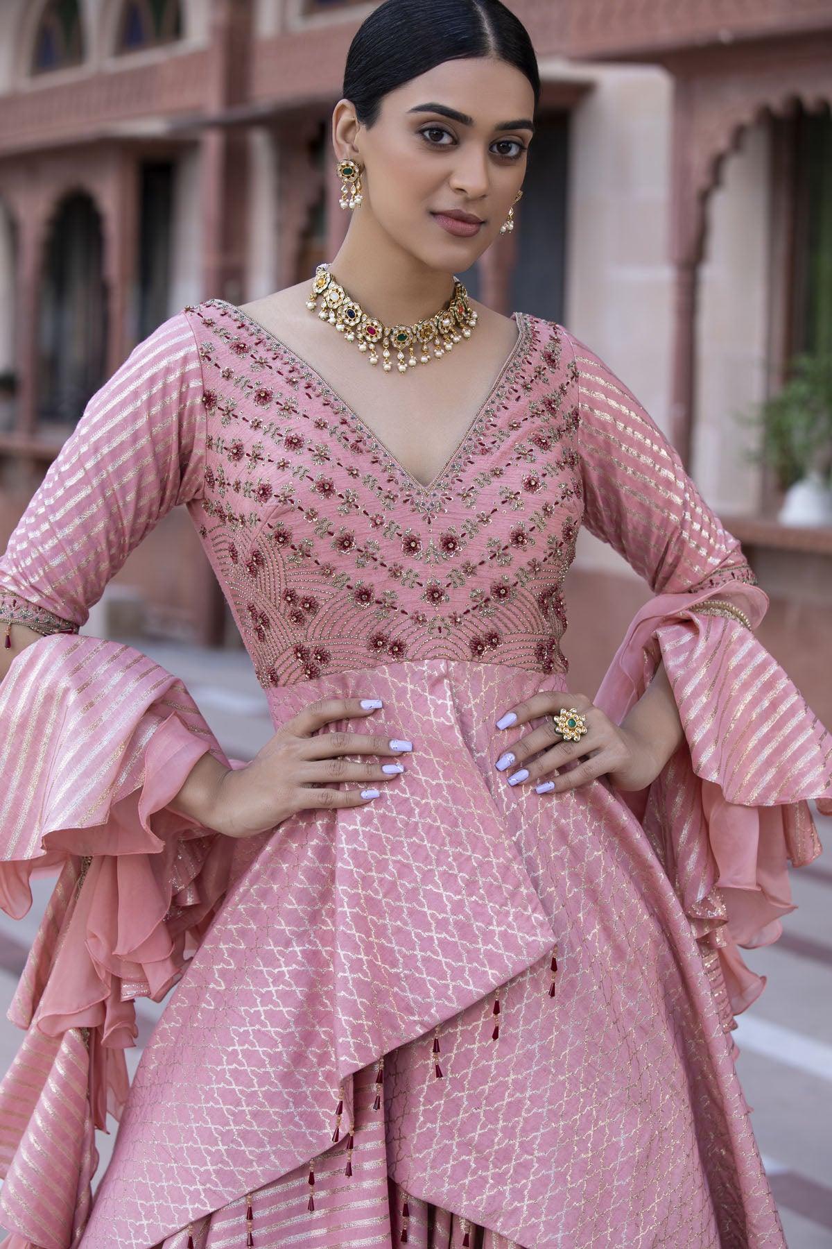 Rusty Orange 3 Piece Banarasi Chanderi Lehenga Set - Studio Bagechaa