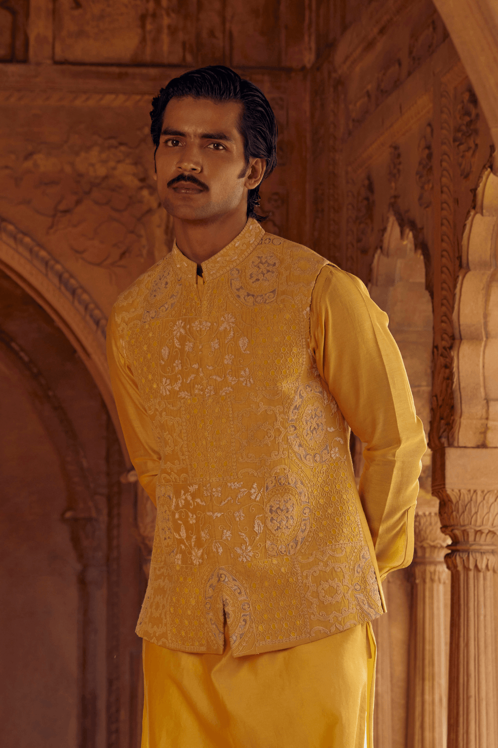 Saad Yellow Chanderi Nehru Jacket - Studio Bagechaa