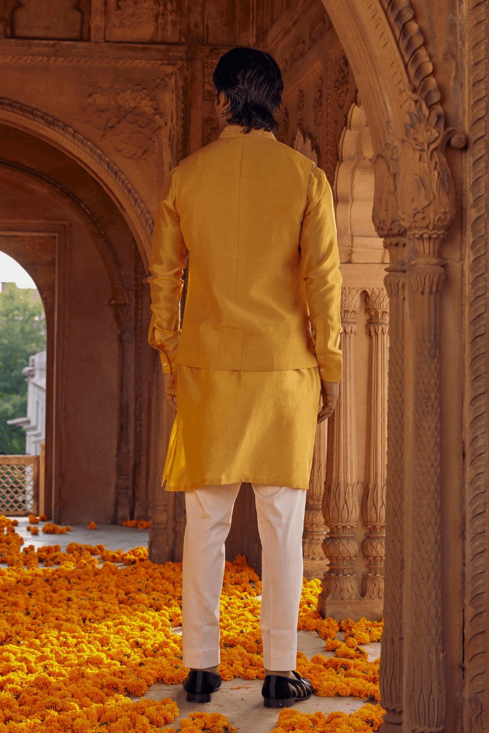 Saad Yellow Chanderi Nehru Jacket - Studio Bagechaa