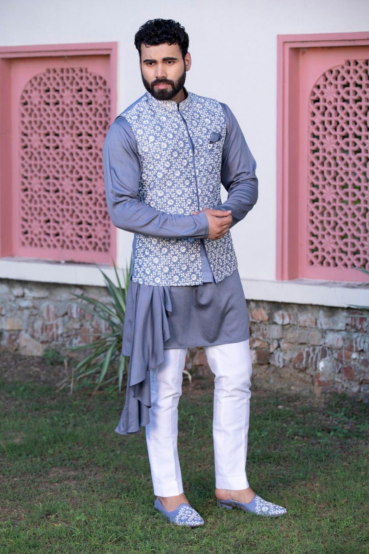 Slate Gray Drape Kurta Pajama With Nehru Jacket - Studio Bagechaa