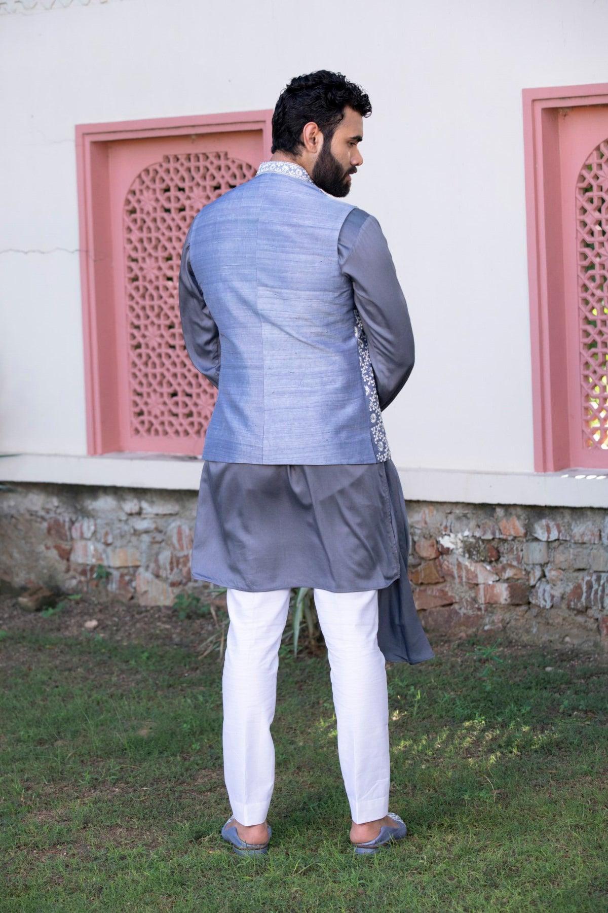 Men Dupion Silk Kurta Pyjama With Sky Blue Printed Nehru Jacket – Jompers