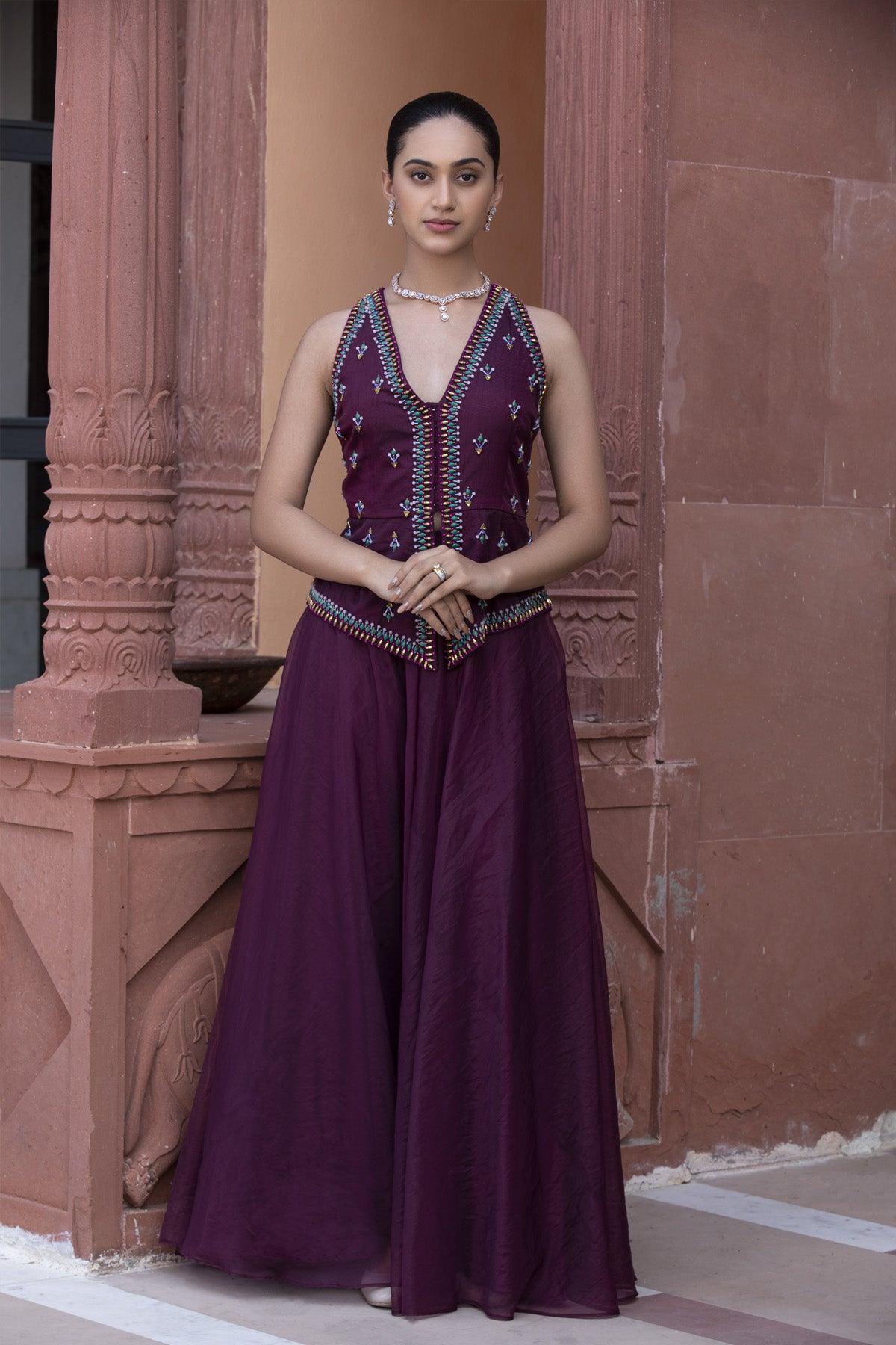 2 - Piece Sleeves Less Jacket Sharara Set in Purple Colour - Studio Bagechaa