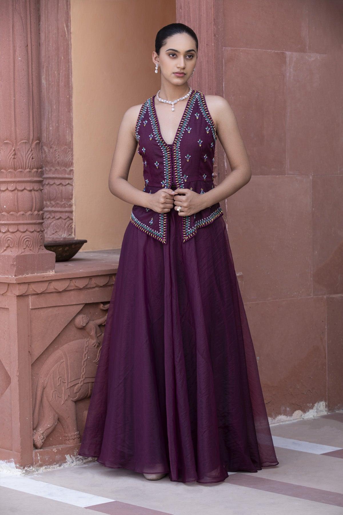 2 - Piece Sleeves Less Jacket Sharara Set in Purple Colour - Studio Bagechaa