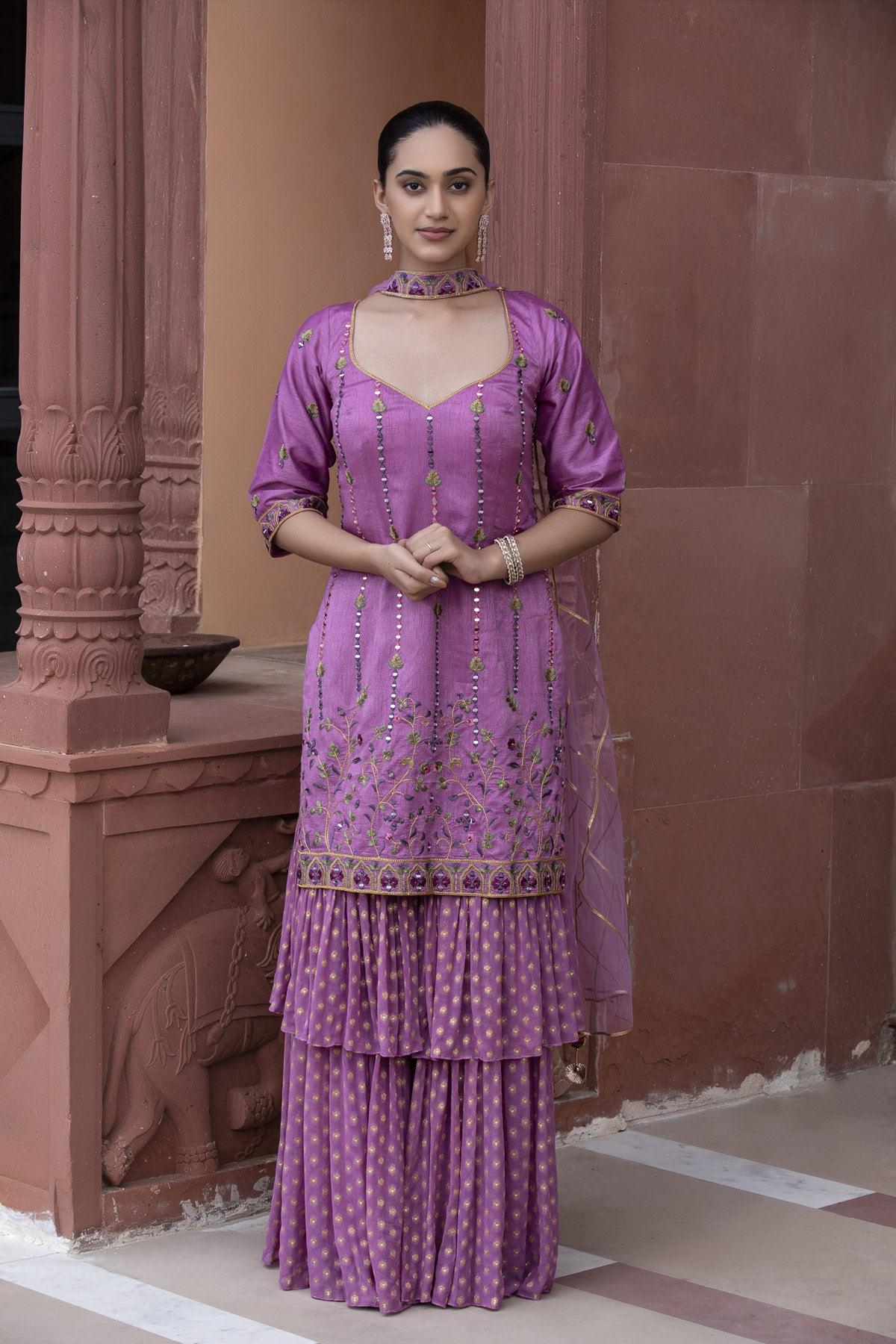 Soft Lavender Silk and Banarasi Georgette Sharara Set - Studio Bagechaa