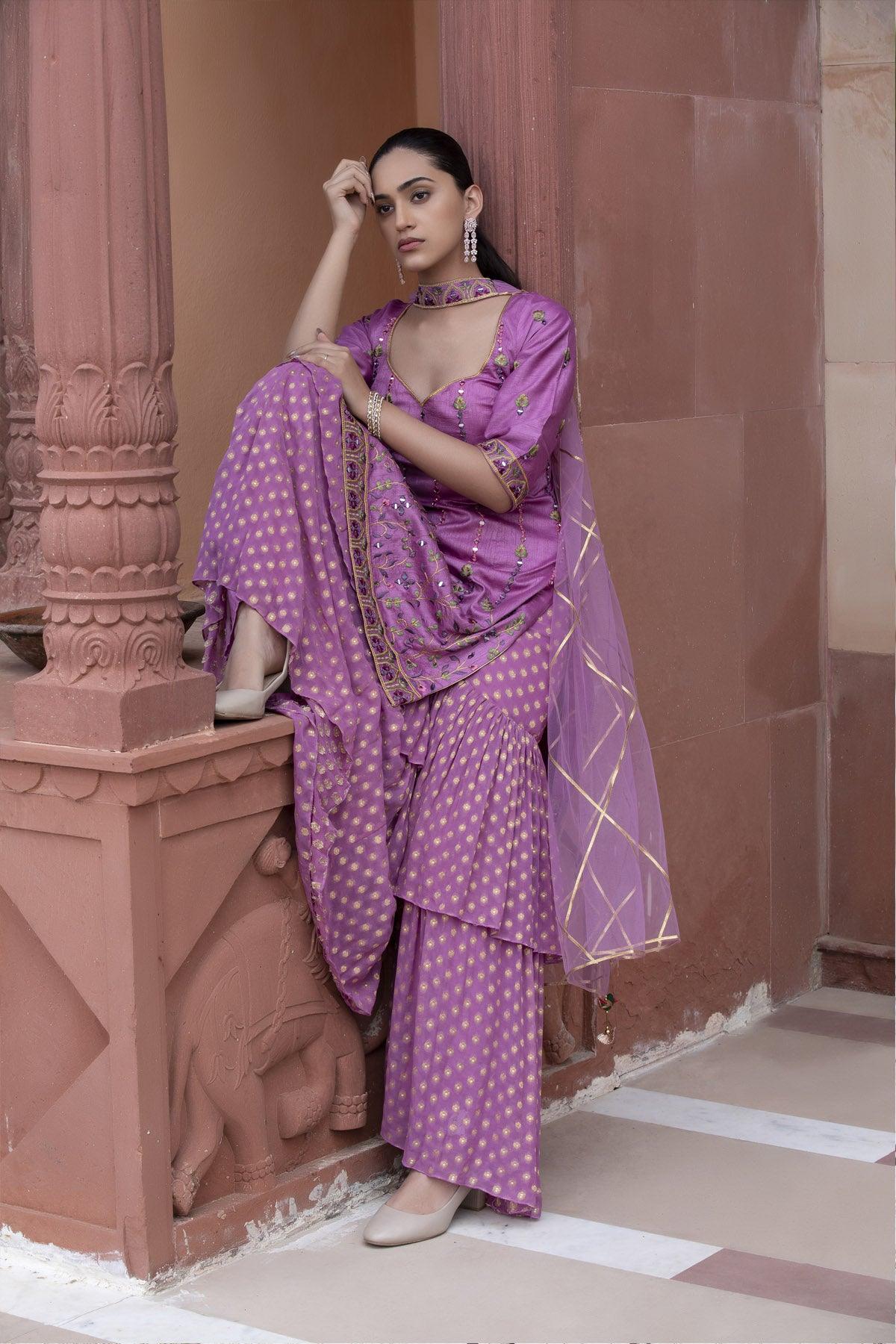 Soft Lavender Silk and Banarasi Georgette Sharara Set - Studio Bagechaa