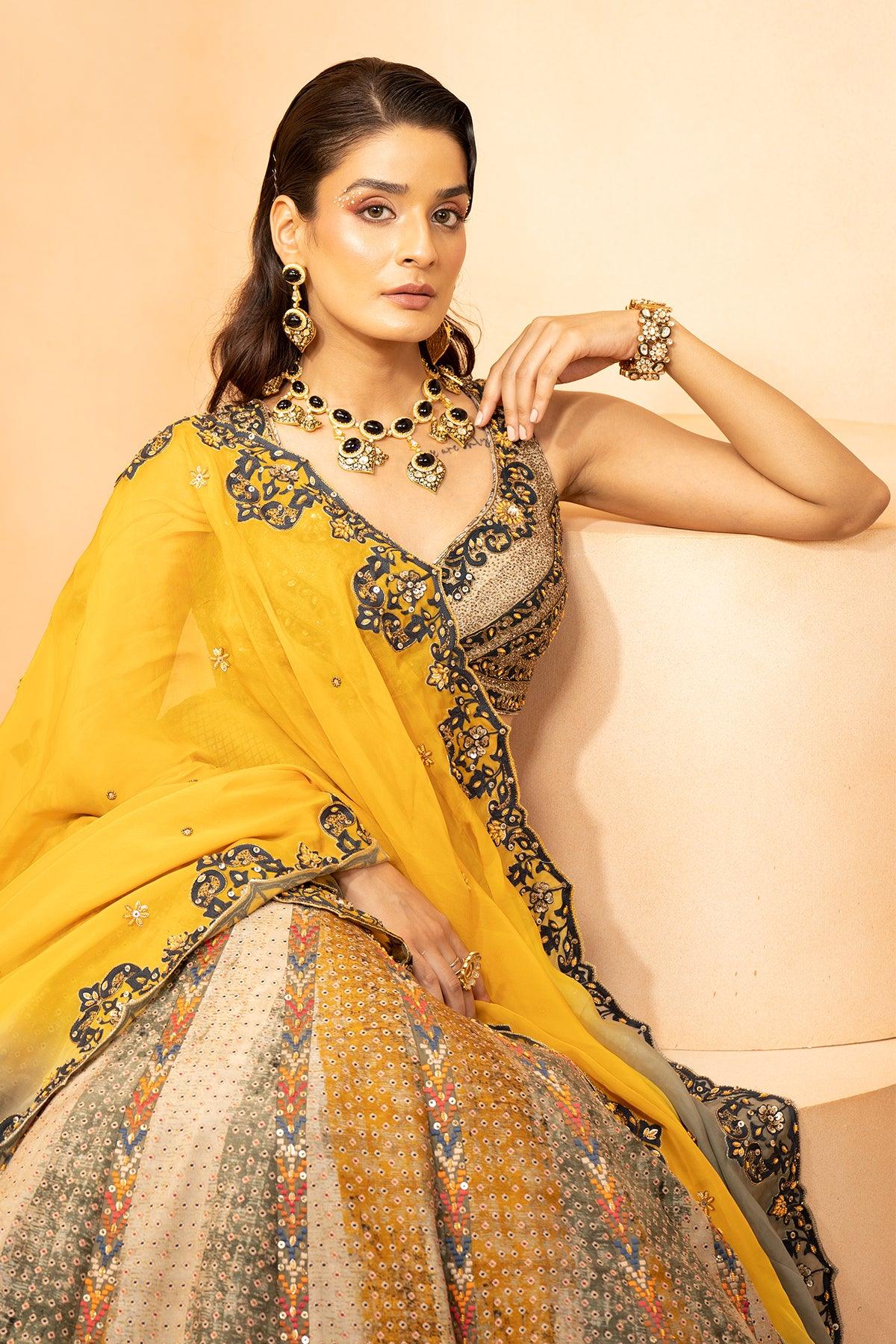 Sunheri Printed Scalloped Lehenga With Intricate Katdana & Sequin Work - Studio Bagechaa