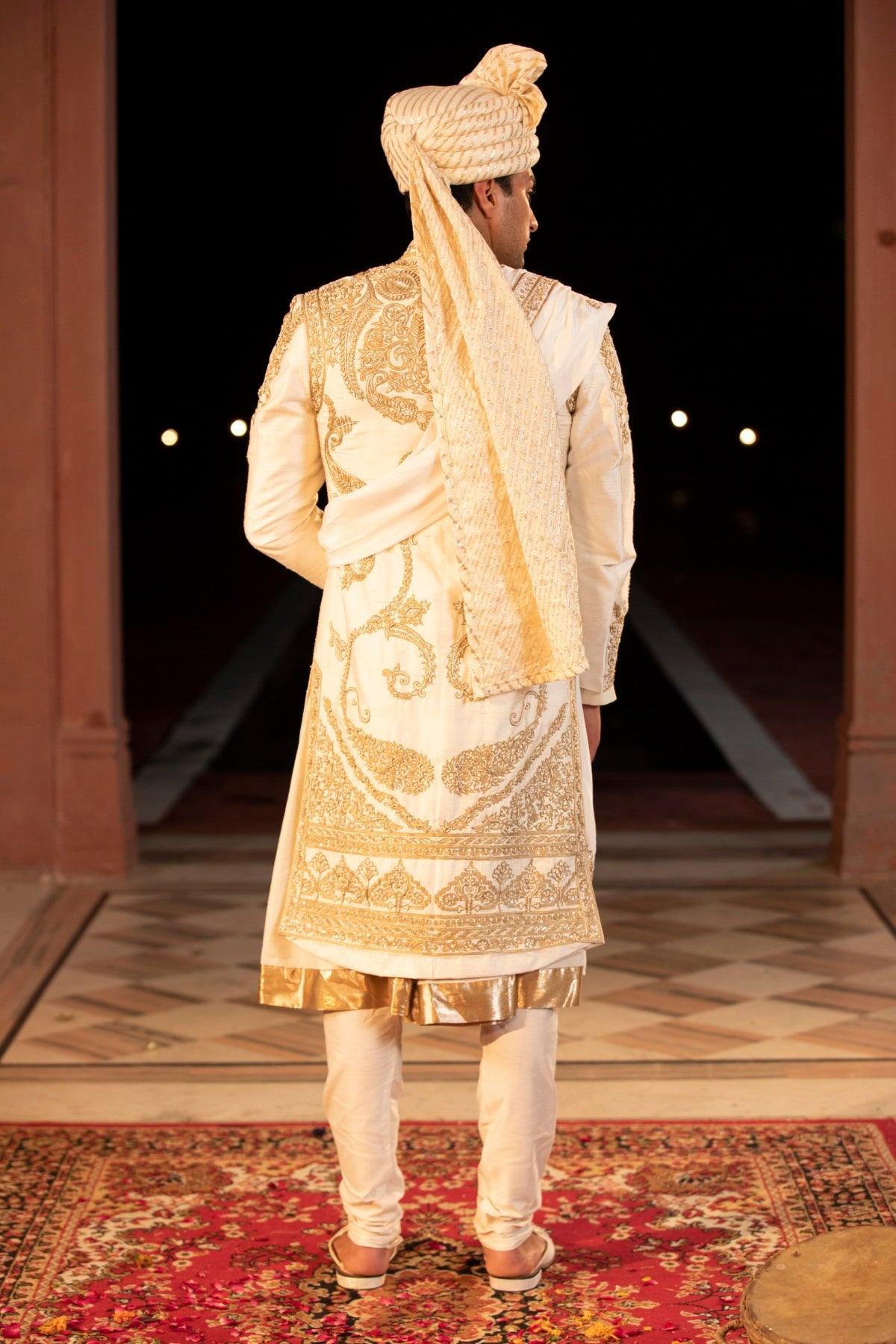 The Golden Wedding Sherwani Set With Hand Embroidery - Studio Bagechaa