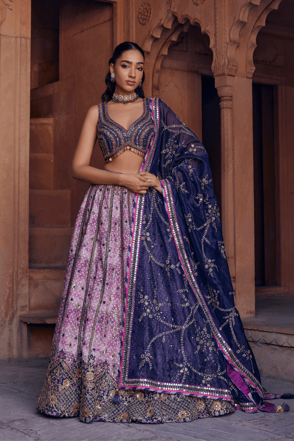 Varsha Printed Silk Lehenga With Carved Handwork - Studio Bagechaa