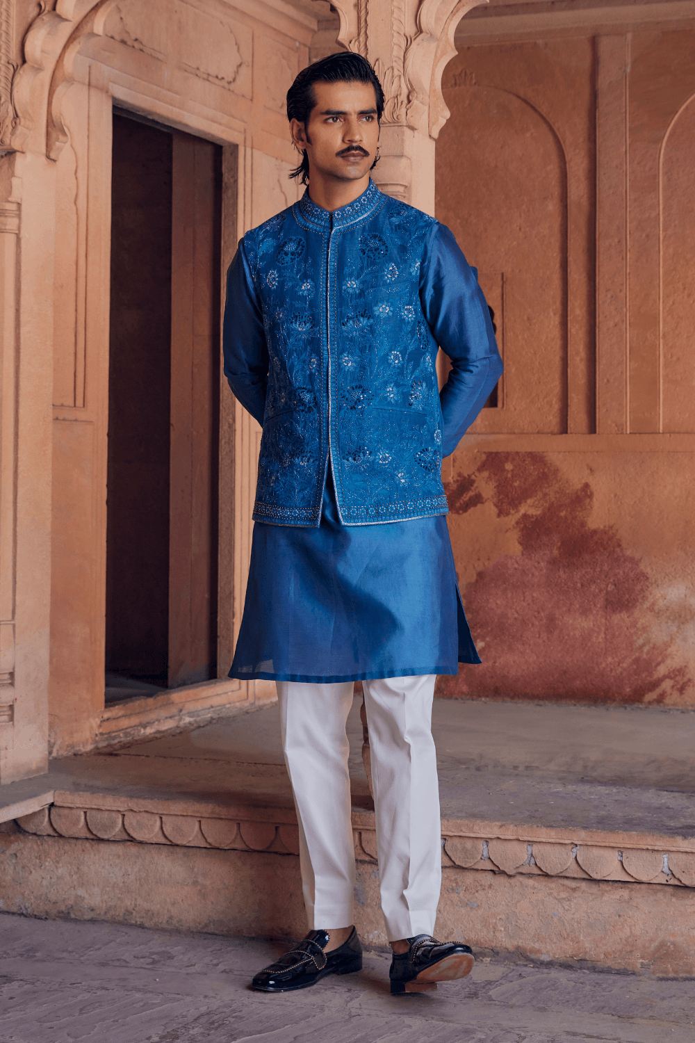 Vasl Nehru Jacket Set With Gota Handwork - Studio Bagechaa