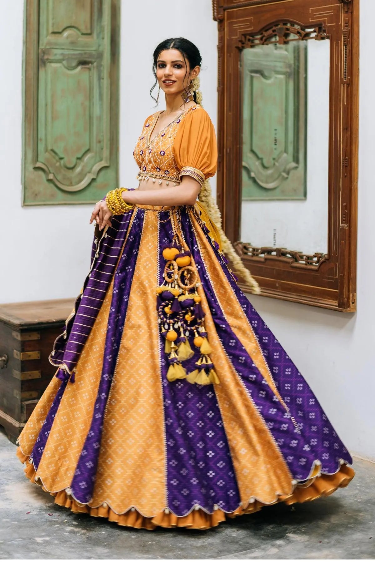 Alisha Ohri in Dual Colour Panelled Bandhej Chanderi Lehenga - Studio Bagechaa