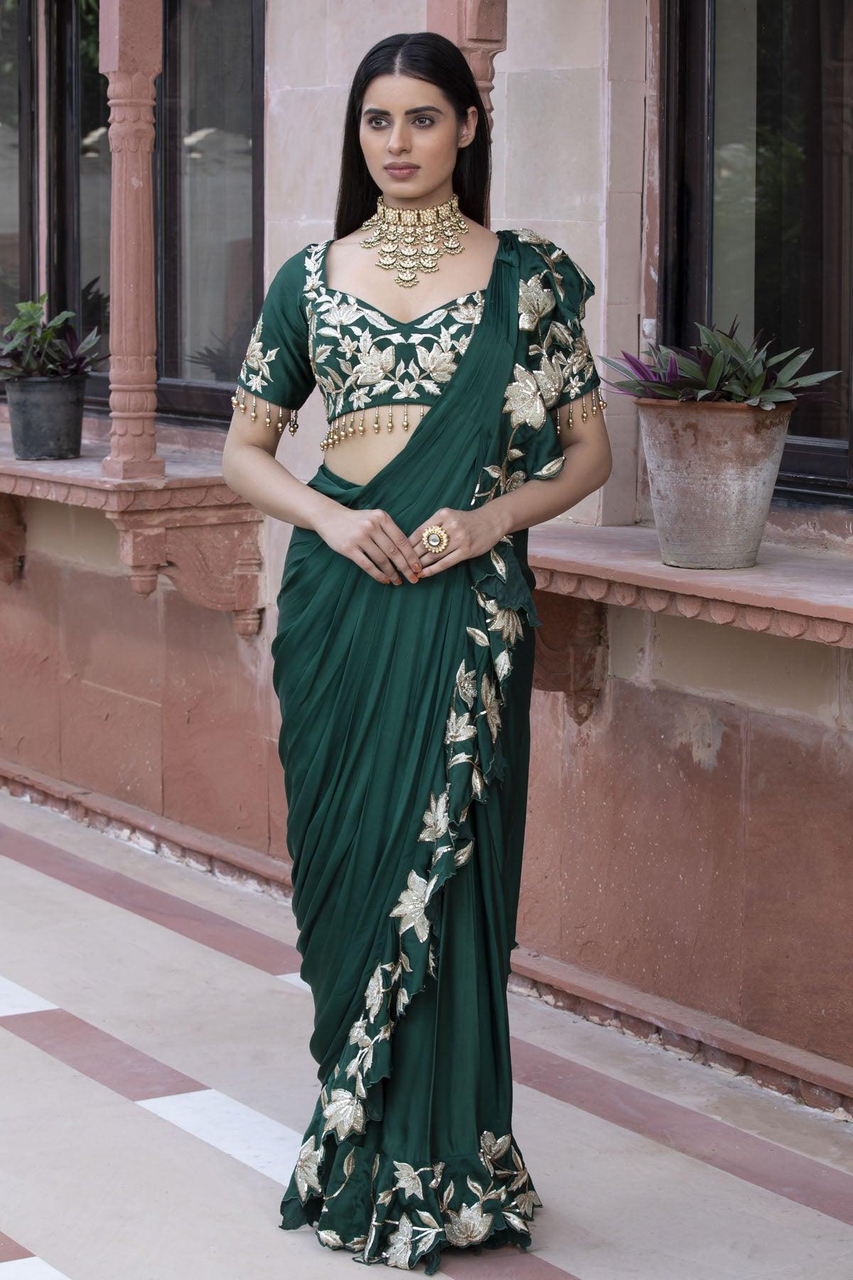 Embroidered Forest Green Saree With Contrast Blouse