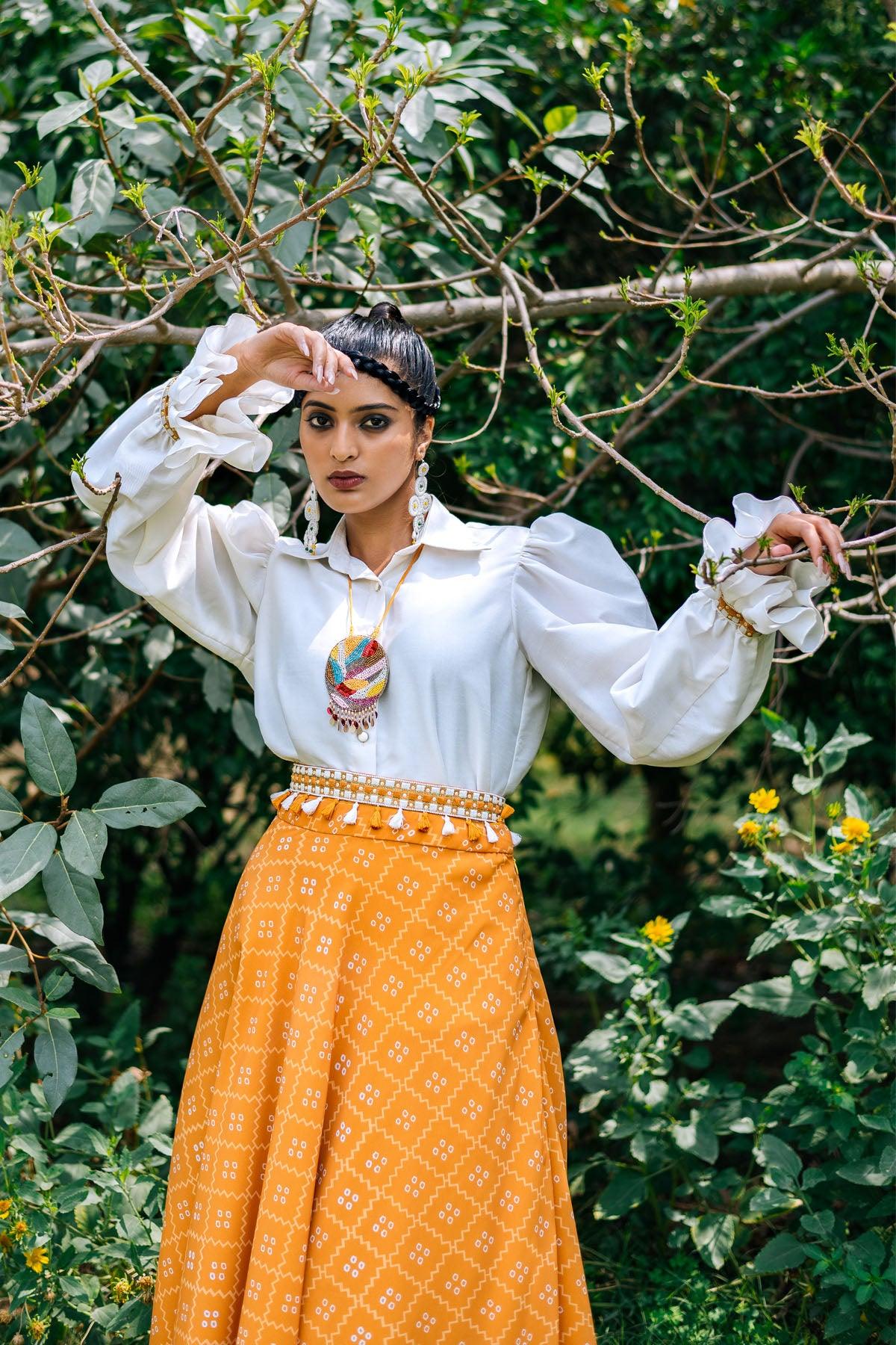 Mustard 2-piece Skirt Blouse Combo With Hand Embroidery - Studio Bagechaa