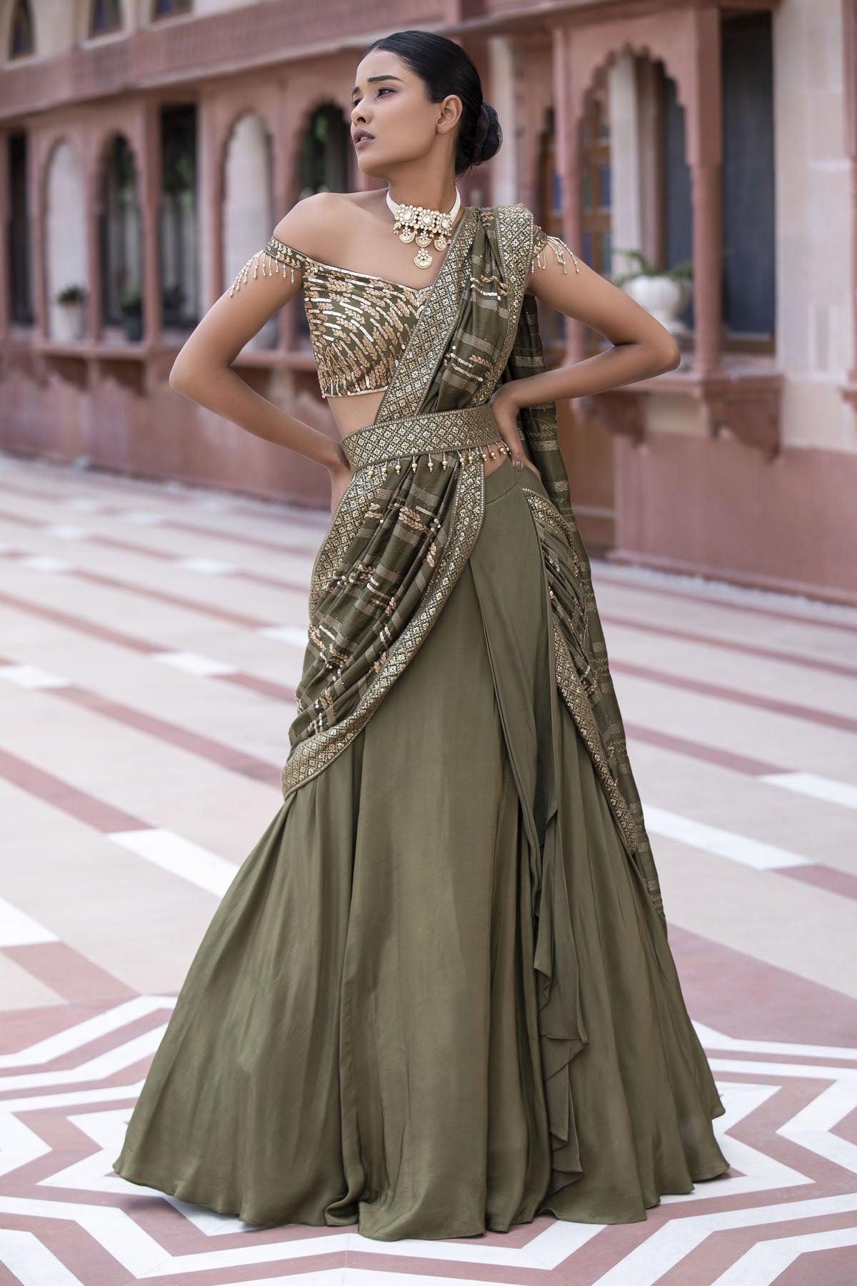 half saree lehenga | Long gown design, Bridal lehenga blouse design, Half  saree