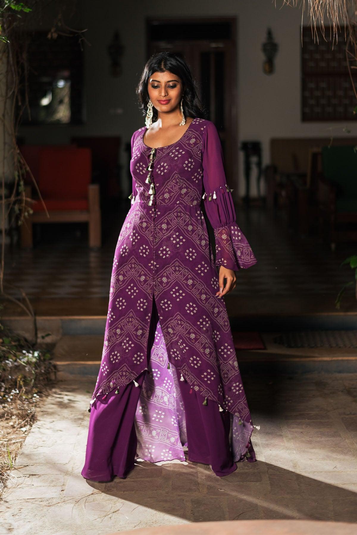 purple badhej print anarkali dress with tassel work studio bagechaa 2