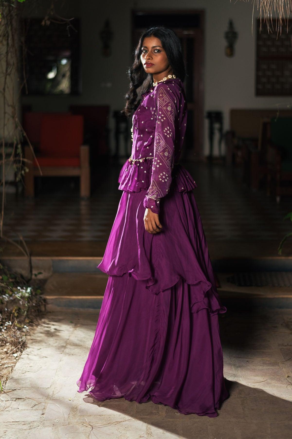 Purple Embroidered Asymmetrical Indo Western Dress - Studio Bagechaa