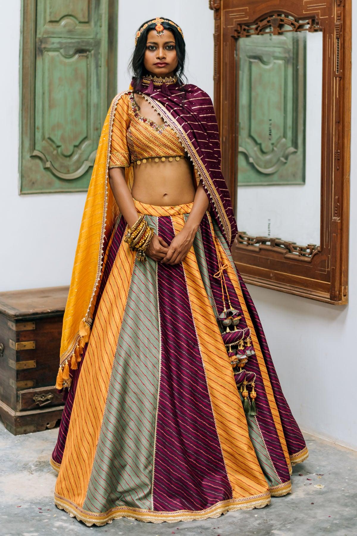 Tri-colour Minimal Leheriya Print Chanderi Lehenga - Studio Bagechaa